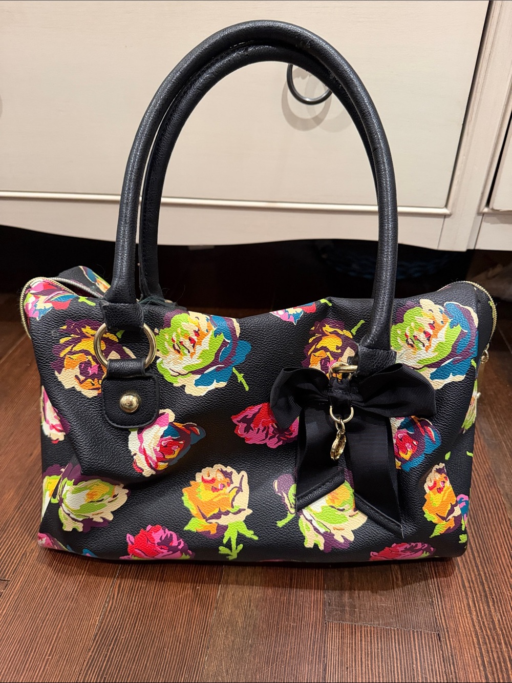 Betsey Johnson Black Floral Satchel with Ribbon Accent
